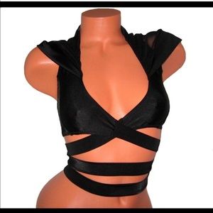 Strapped rave top with hoodie.